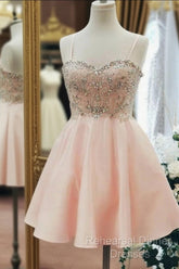 Sweetheart Neck Short Pink Semi Formal Prom Dresses, Short Pink Beaded Homecoming Graduation Dresses